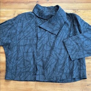 CHALET ET CECI S Blue Teal Pattern Asymmetrical Lagenlook Jacket Coat 100% Linen